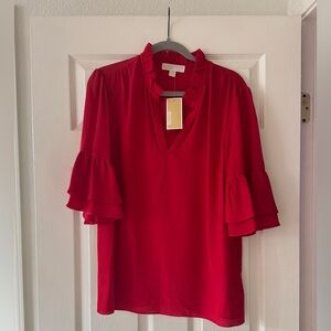 NWT Michael Kors Vibrant Red Ruffle Sleeve Blouse